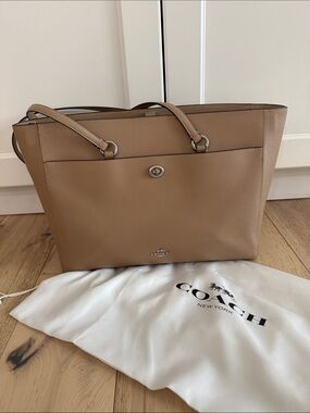 Coach Taupe Leather Tote with Turn-Lock Accent